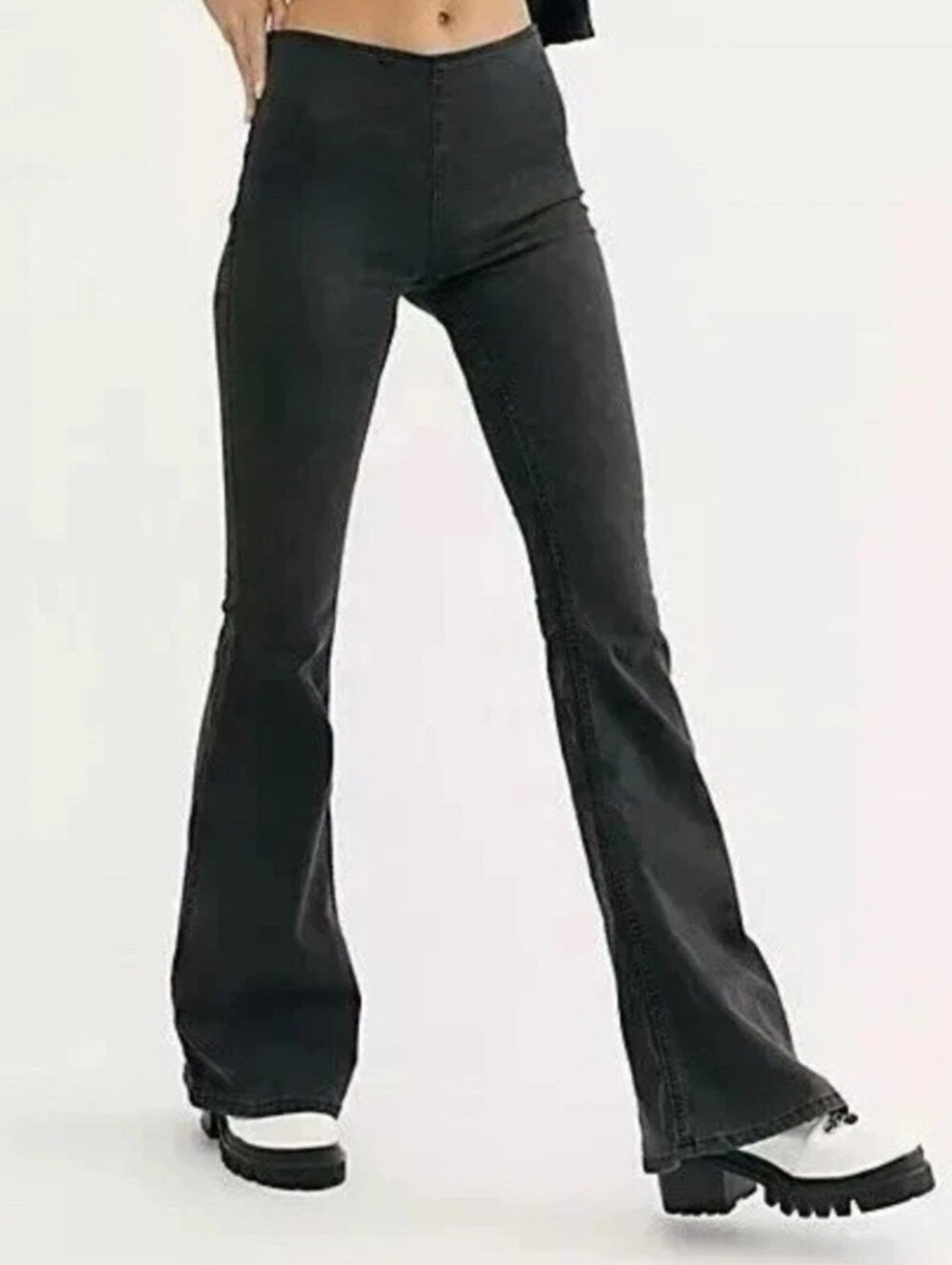Free People Y2K Flare Bell Bottom Mid Rise Penny Pull On Black Bell Bottom Sz 28